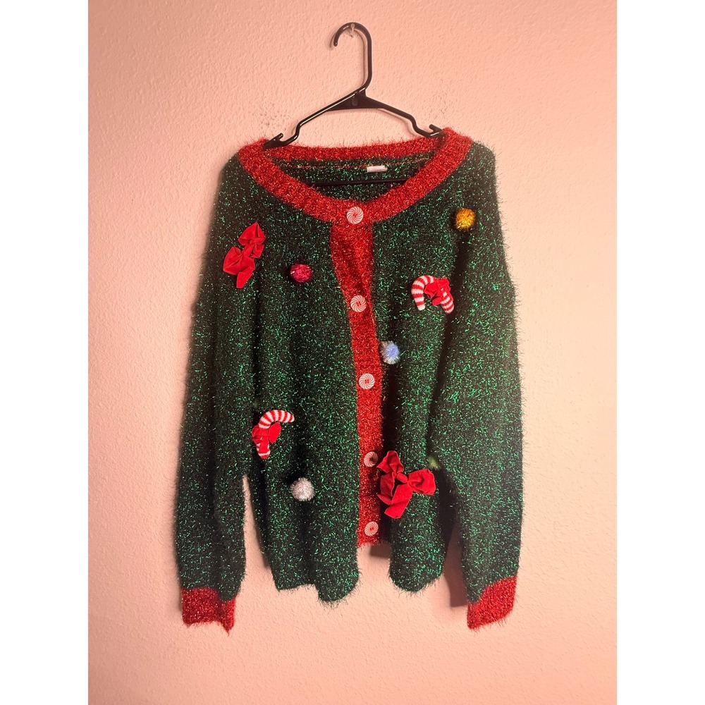 Holiday Time Ugly Christmas Sweater Cardigan Women 3D Embellished XL Green Red
